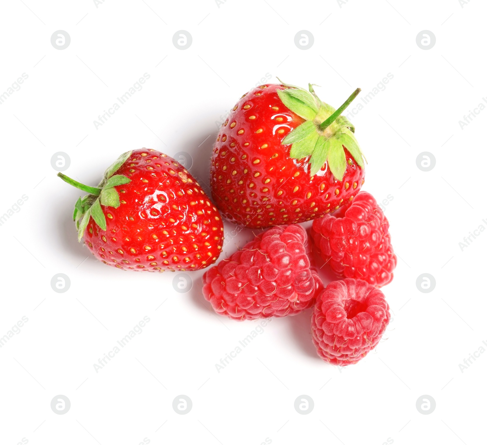 Photo of Raspberries and strawberries on white background