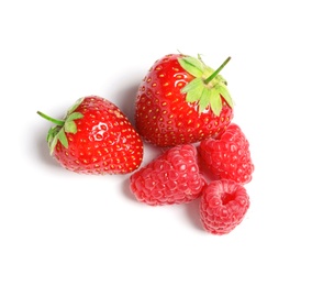 Raspberries and strawberries on white background