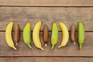 Many different bananas on wooden table, flat lay