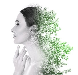 Double exposure of beautiful woman and tree on white background, color toned