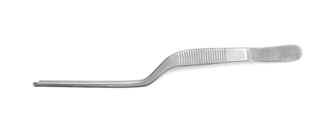 Stainless forceps on white background, top view. Medical tool