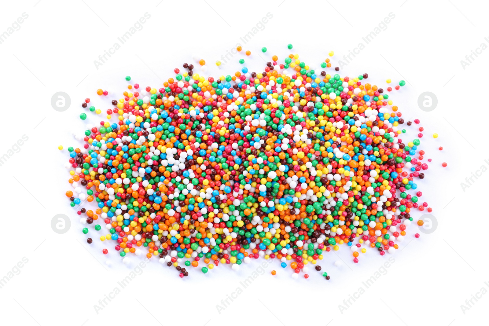 Photo of Colorful sprinkles on white background, top view. Confectionery decor