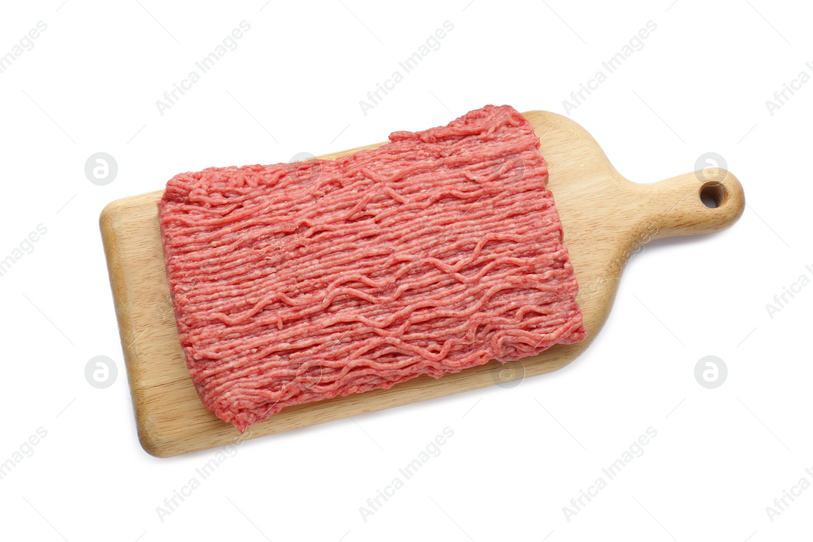 Photo of Raw fresh minced meat isolated on white, top view