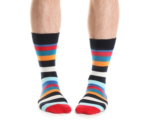 Man in stylish socks on white background, closeup