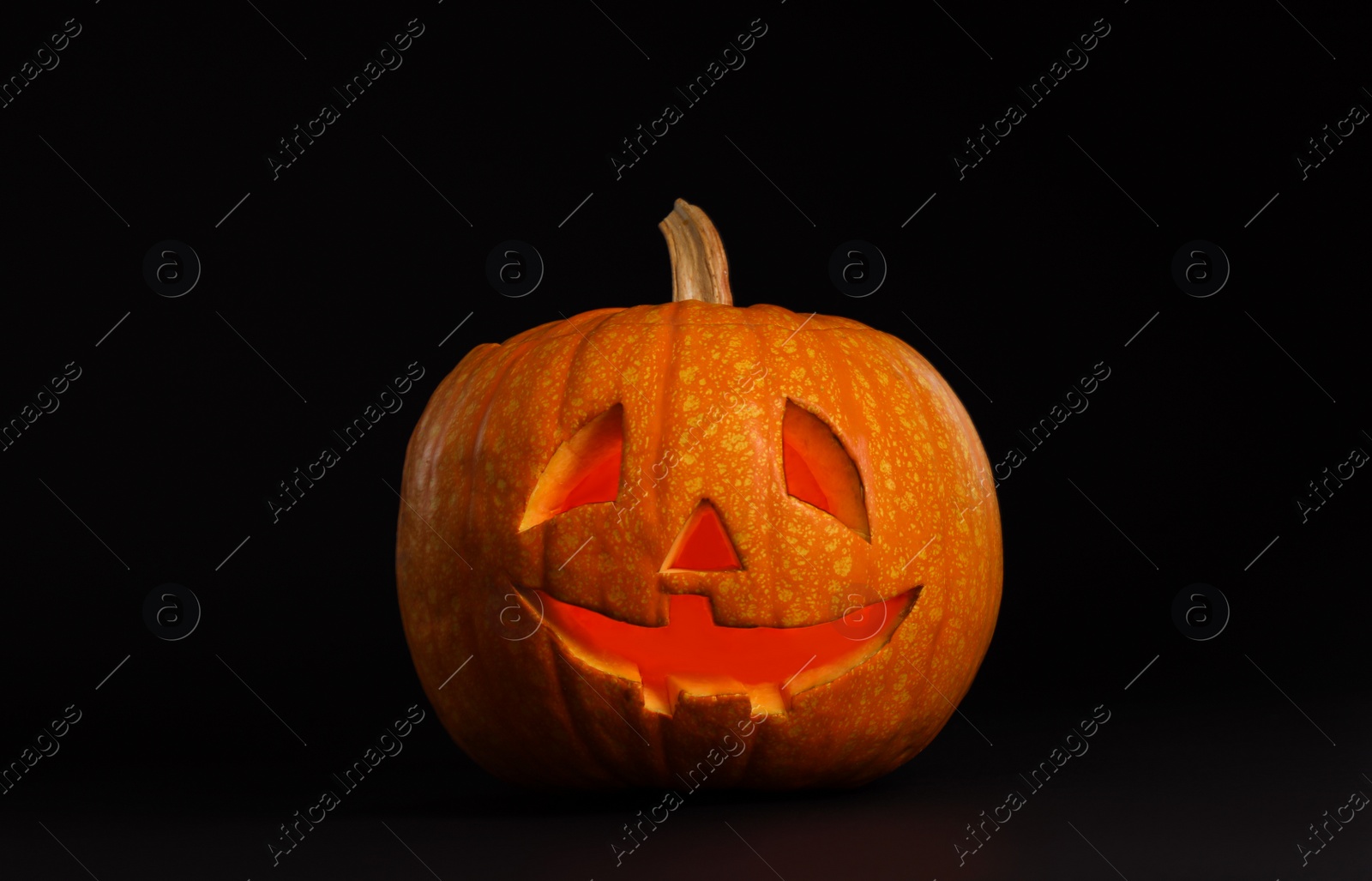 Photo of Pumpkin head on black background. Jack lantern - traditional Halloween decor