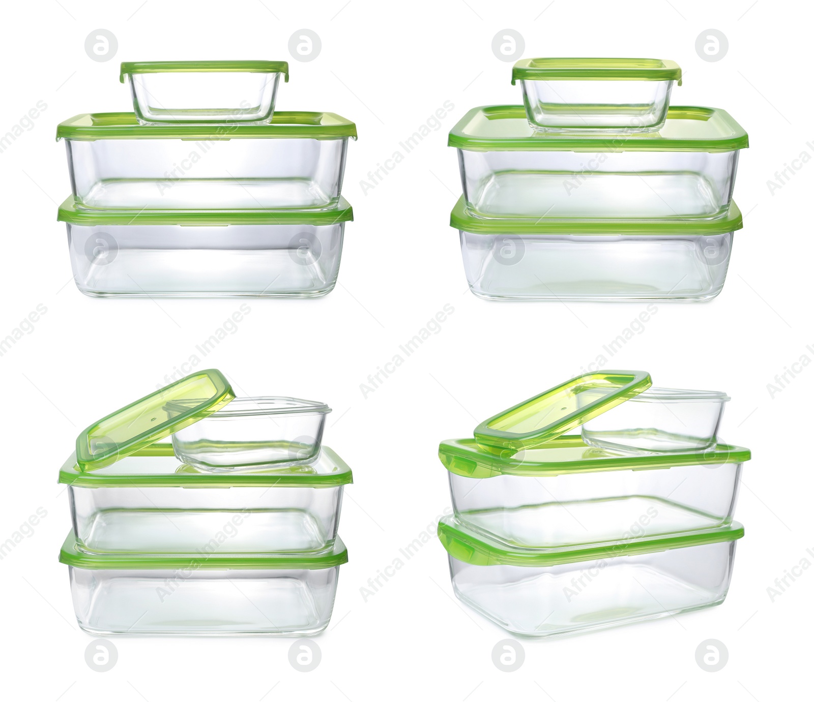 Image of Set with empty glass containers for food on white background