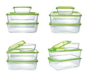 Set with empty glass containers for food on white background