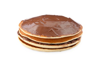 Photo of Tasty pancakes with chocolate paste isolated on white