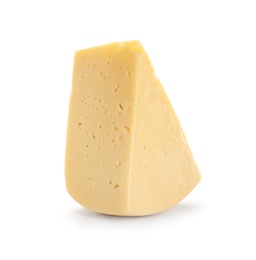 Piece of delicious cheese on white background