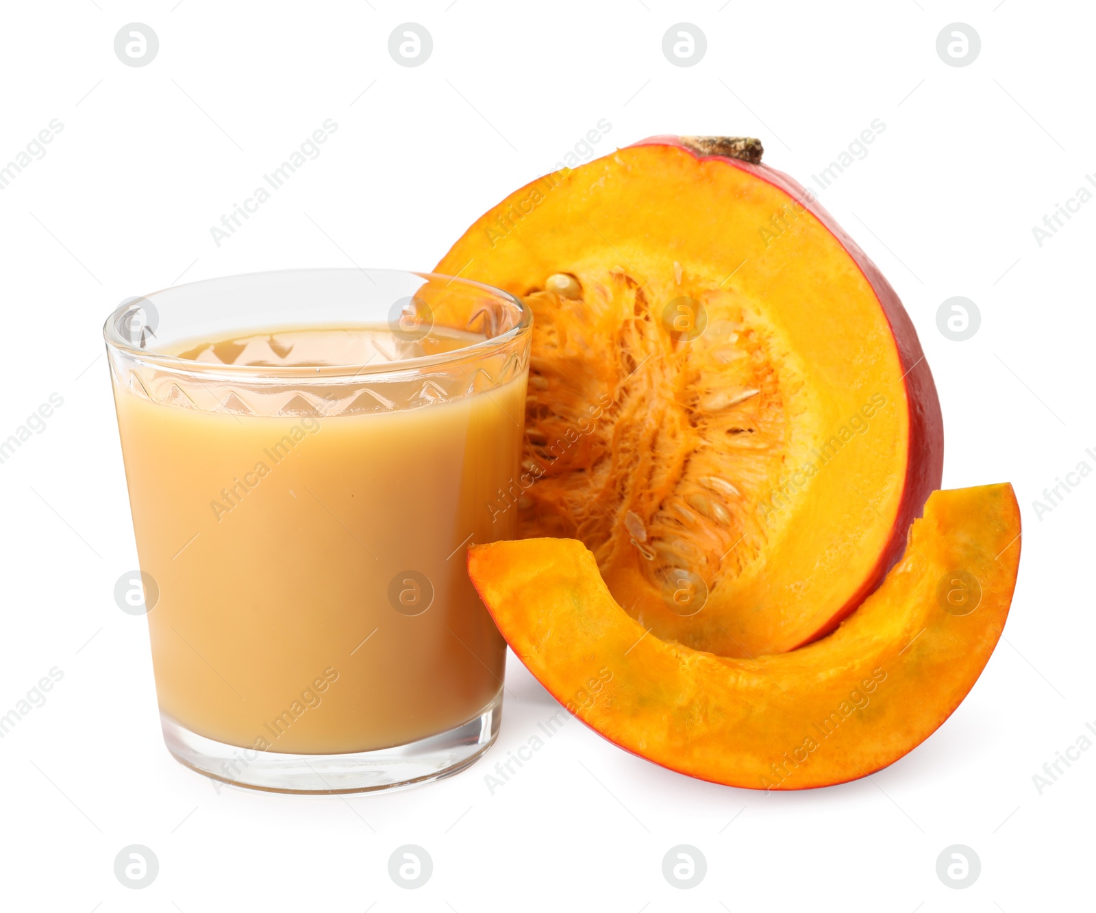 Photo of Glass with pumpkin juice and fresh vegetable on white background