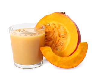 Photo of Glass with pumpkin juice and fresh vegetable on white background