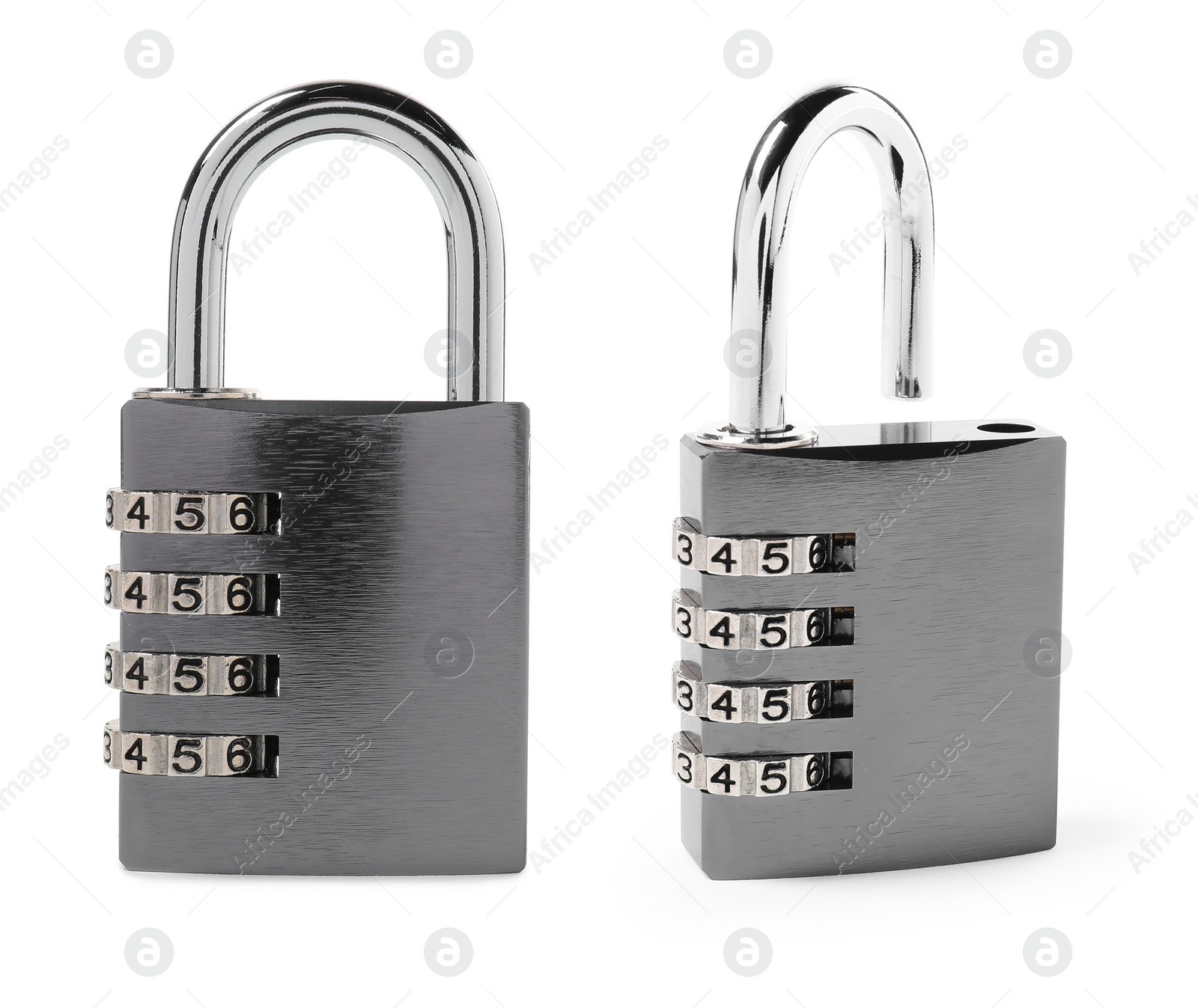 Image of Steel combination padlock isolated on white, open and locked