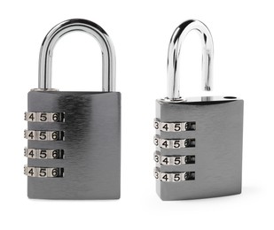 Steel combination padlock isolated on white, open and locked