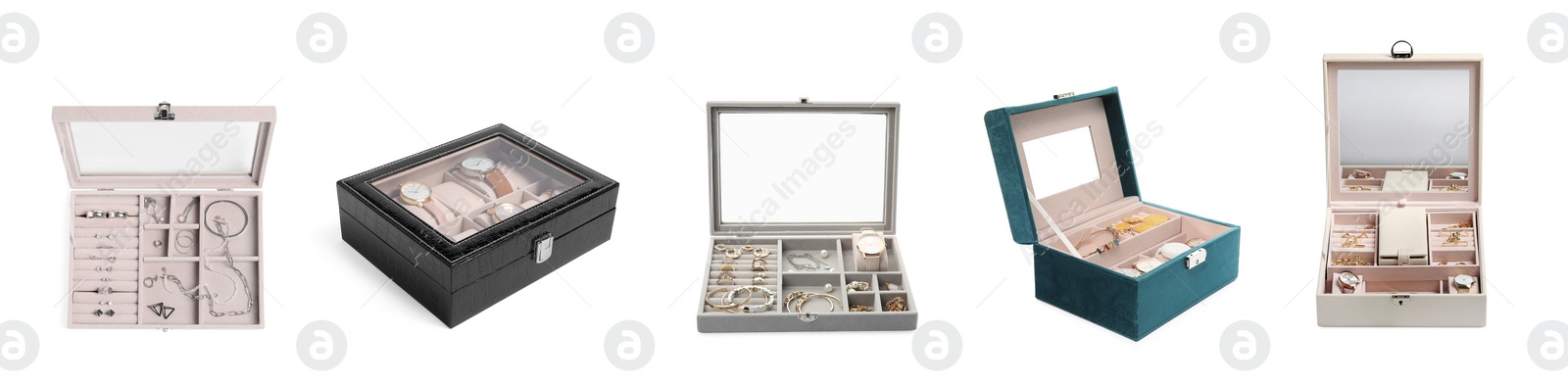 Image of Set with different jewelry boxes isolated on white