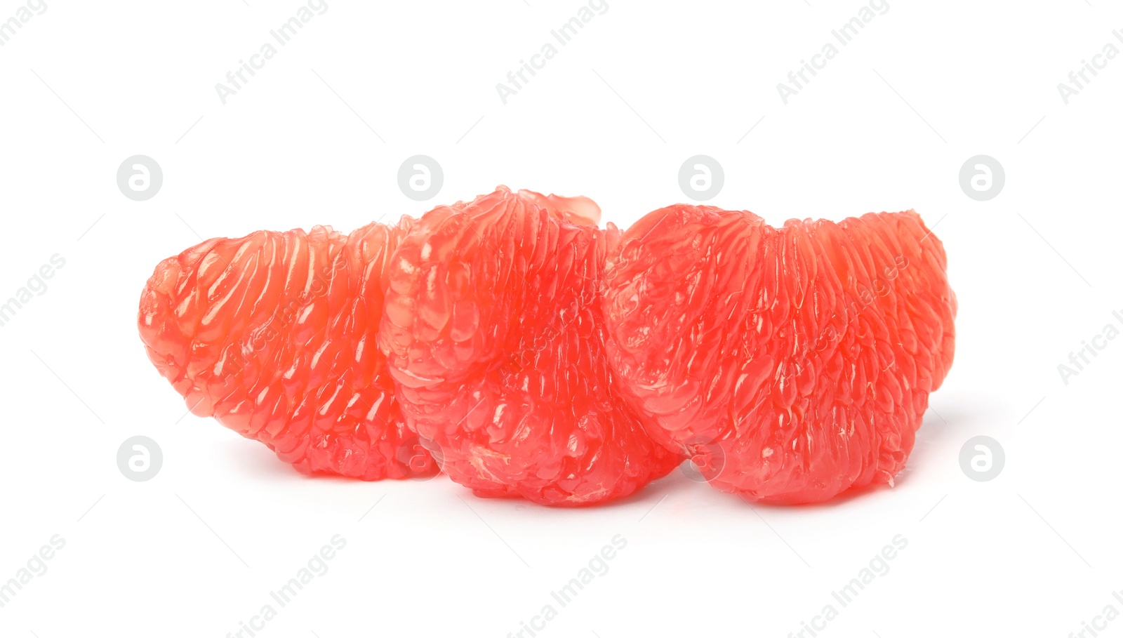 Photo of Slices of ripe juicy grapefruit on white background