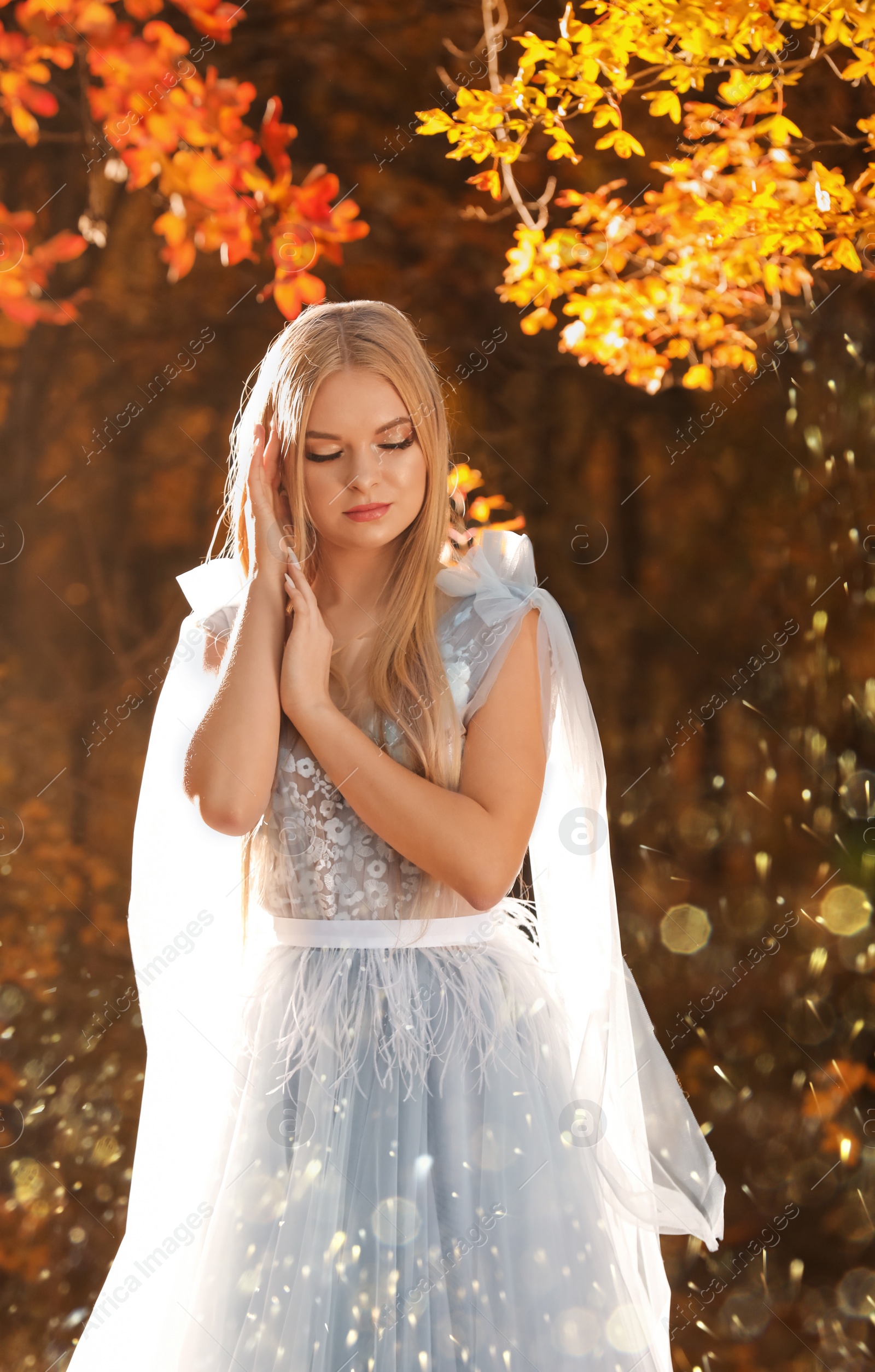 Photo of Beautiful girl wearing fairy dress in autumn forest