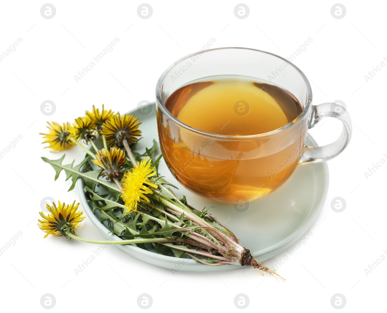 Photo of Delicious fresh tea and beautiful dandelion flowers on white background