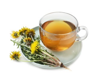 Photo of Delicious fresh tea and beautiful dandelion flowers on white background