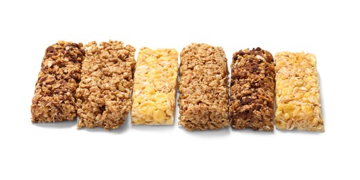 Photo of Different tasty granola bars isolated on white