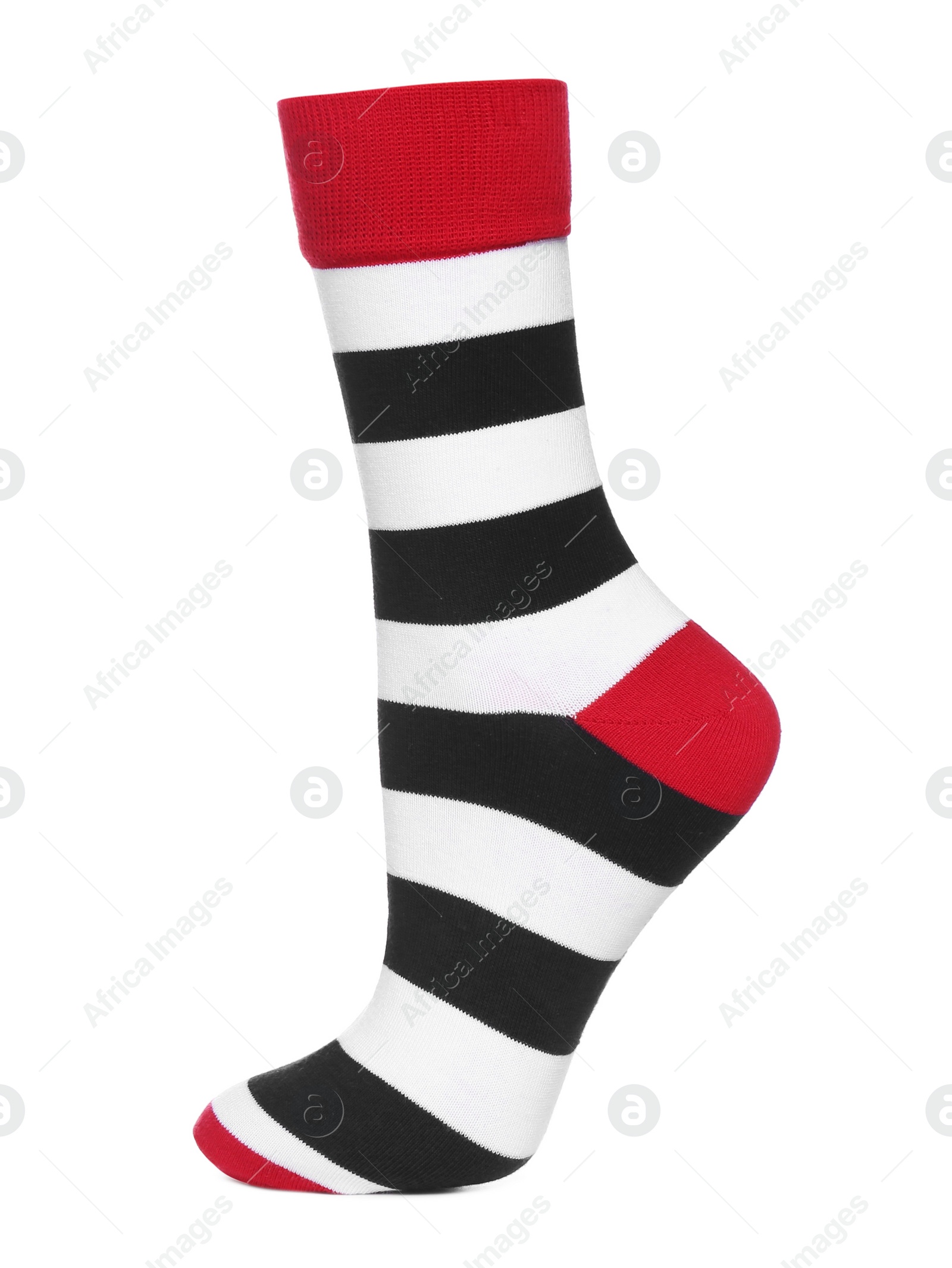 Photo of Striped sock isolated on white. Footwear accessory