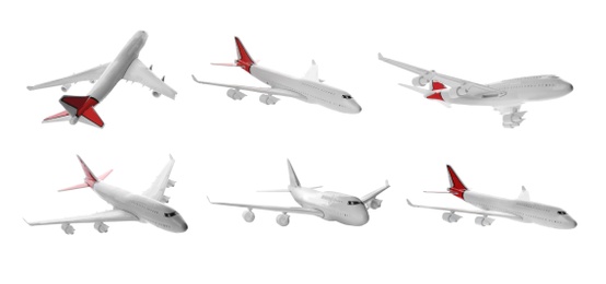 Set of toy airplanes isolated on white. Banner design 