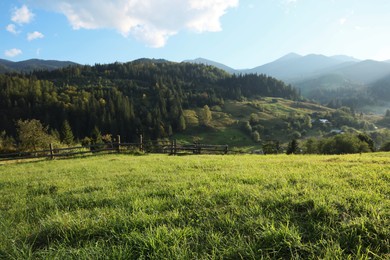 Beautiful landscape with green pasture on mountain hill in morning