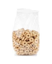 Photo of Package of tasty corn rings isolated on white. Healthy breakfast cereal