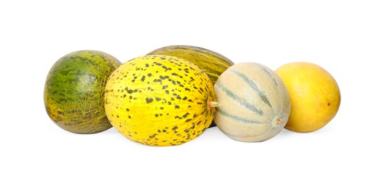 Tasty colorful ripe melons on white background