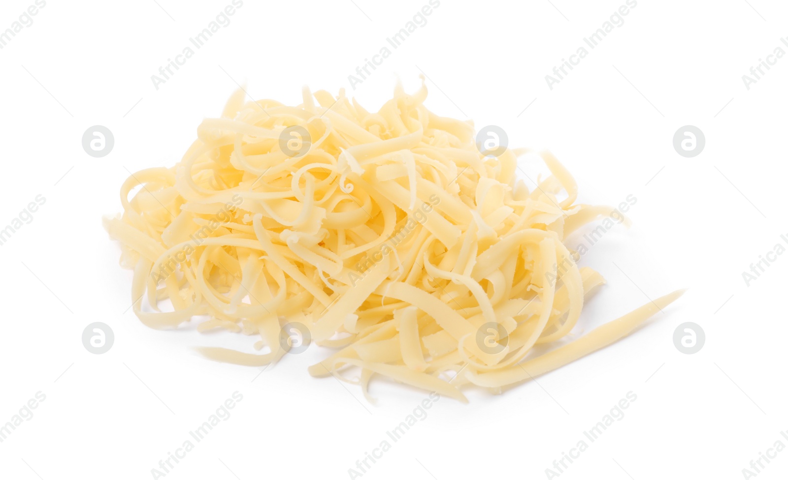 Photo of Pile of tasty grated cheese isolated on white