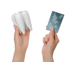 Photo of Woman holding ceramic model of tooth and credit card on white background, closeup. Expensive treatment