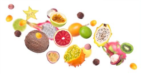 Image of Different tasty exotic fruits flying on white background. Banner design