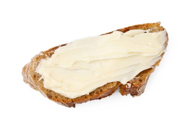 Photo of Slice of tasty bread with butter isolated on white, top view