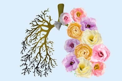 Illustration of  human lungs - one part with image of dry tree branches, another with fresh flowers on light background. Healthy and unhealthy lifestyle concept