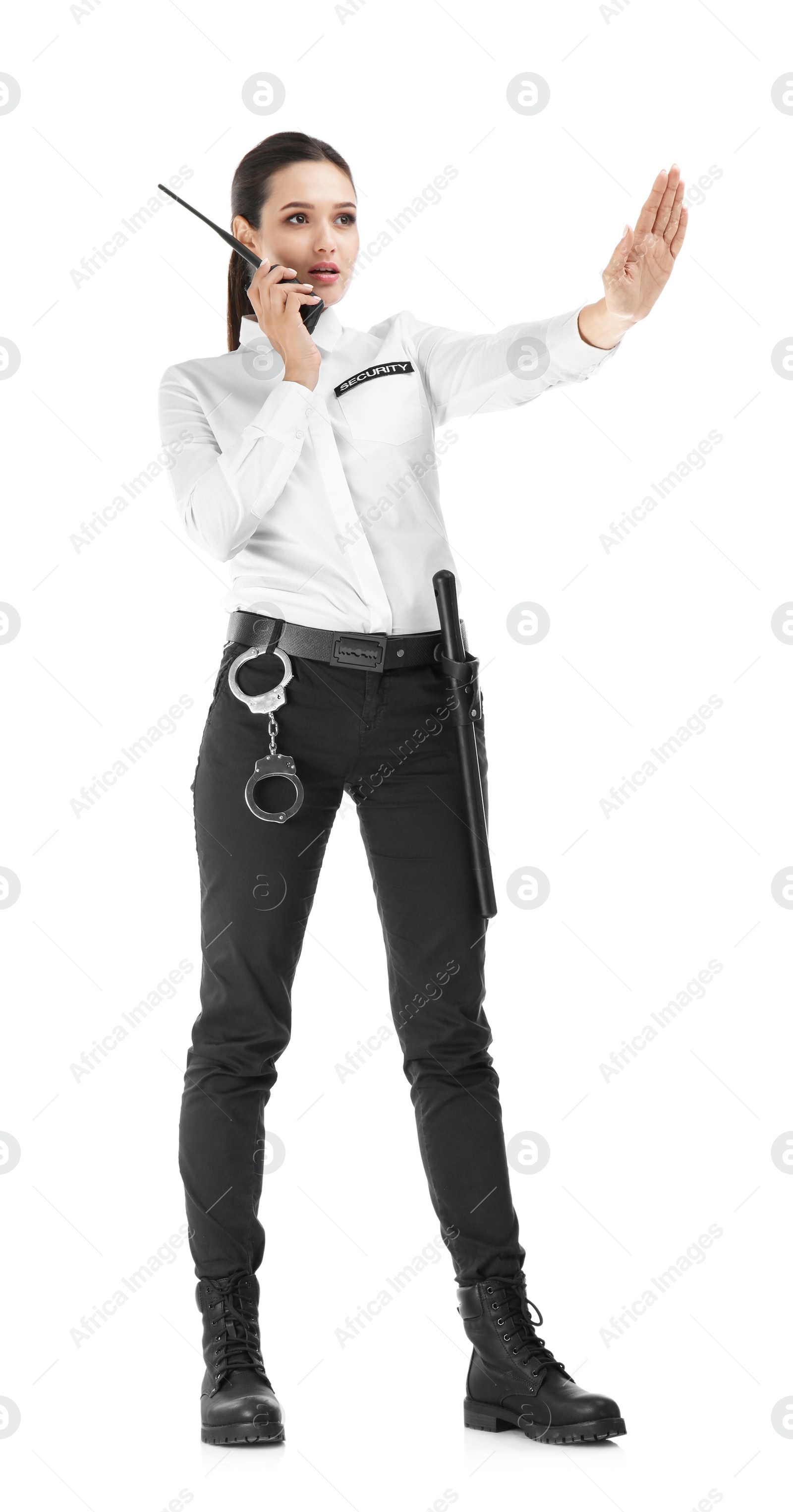 Photo of Female security guard using portable radio transmitter on white background