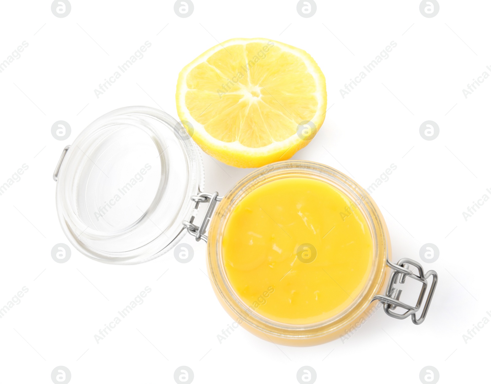 Photo of Delicious lemon curd and fruit on white background, top view