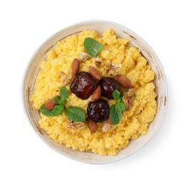 Photo of Tasty cornmeal with dates, nuts and mint in bowl isolated on white, top view