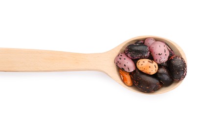 Photo of Wooden spoon with dry kidney beans isolated on white, top view