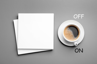 Image of Coffee break. Cup of aromatic hot drink and blank paper sheets on grey background, flat lay