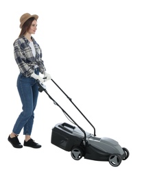 Young woman with modern lawn mower on white background