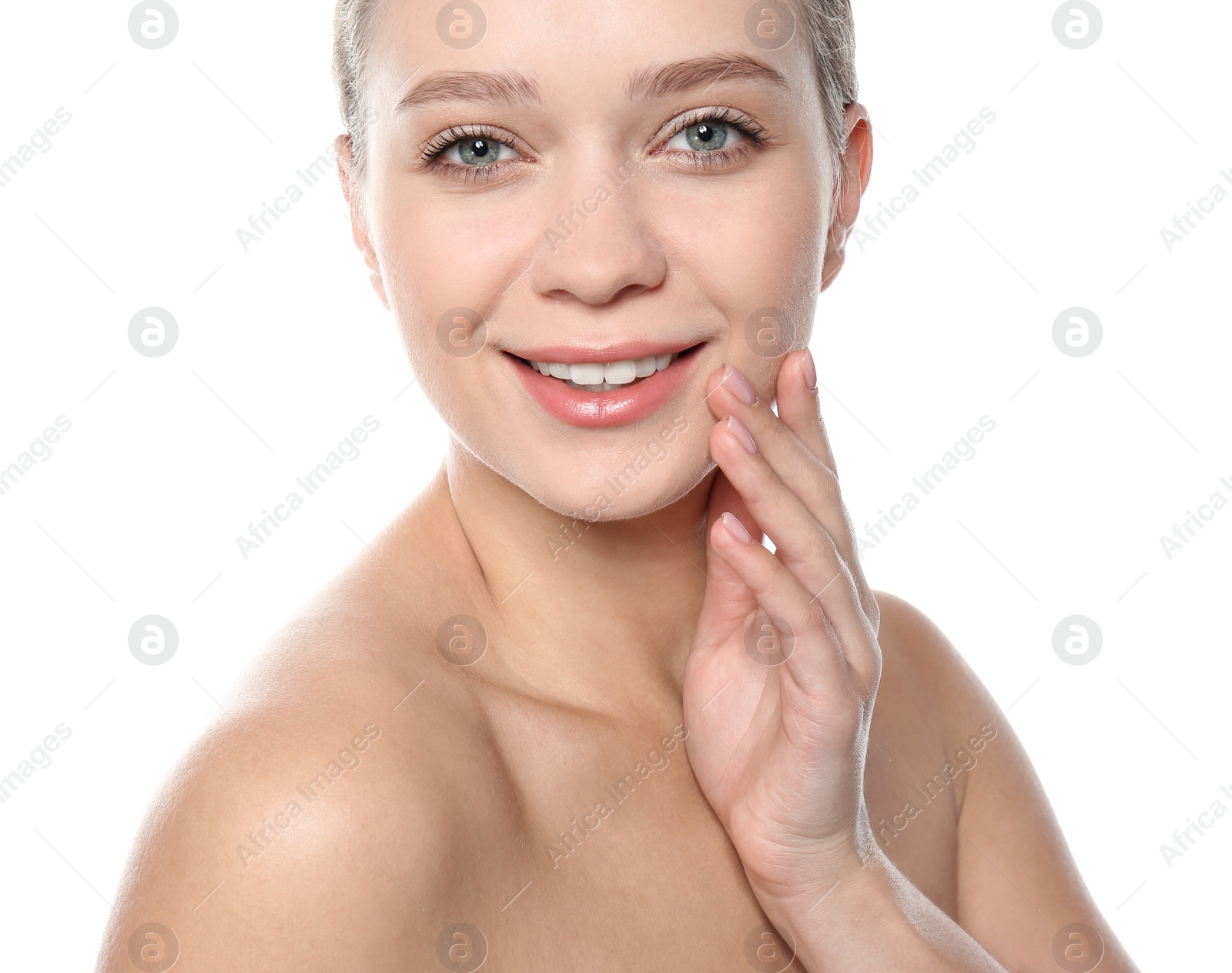 Photo of Portrait of beautiful young woman on white background. Lips contouring, skin care and cosmetic surgery concept