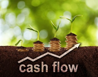 Image of Cash Flow concept. Illustration of upward arrow and stacked coins with green seedlings on ground