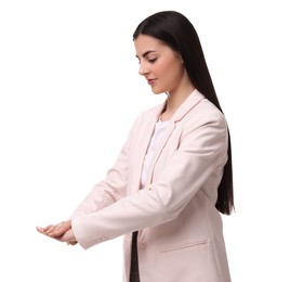 Photo of Beautiful young businesswoman posing on white background