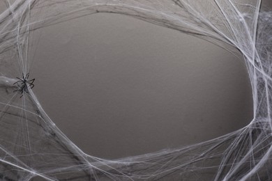 Cobweb and spider on gray background, top view. Space for text
