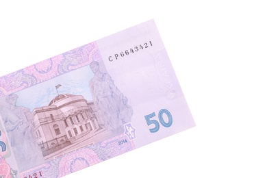 50 Ukrainian Hryvnia banknote on white background, top view