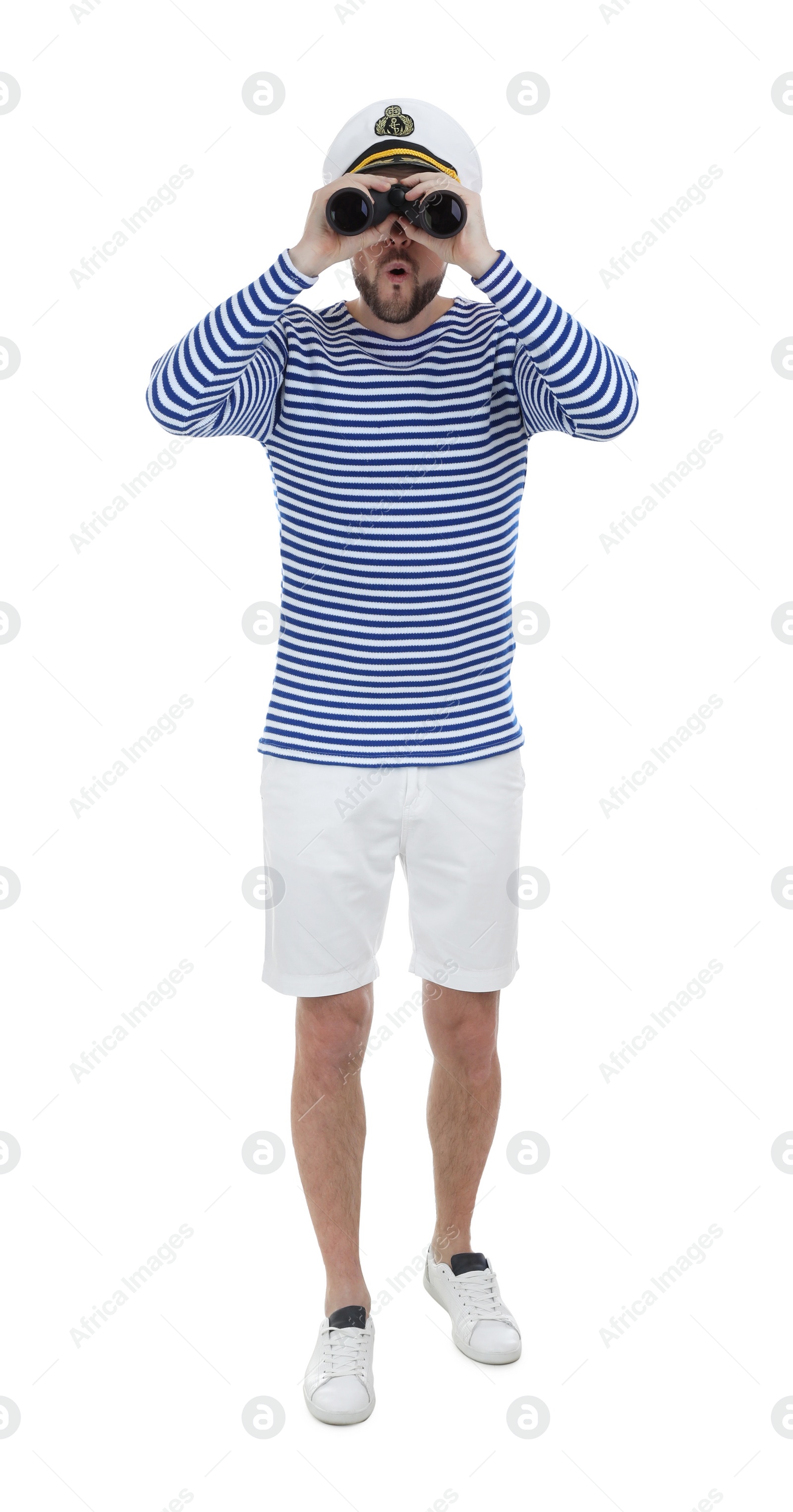 Photo of Sailor looking through binoculars on white background