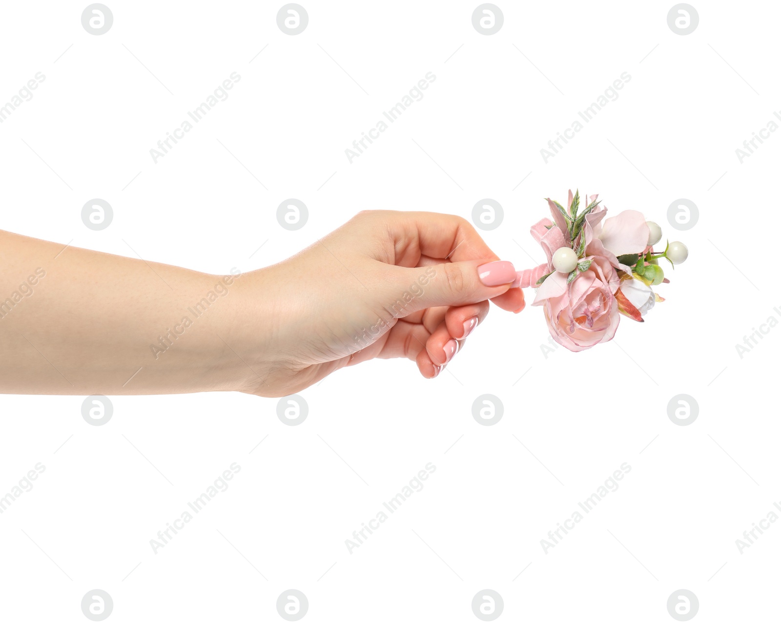 Photo of Woman holding stylish boutonniere on white background, closeup