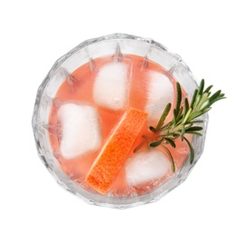 Glass of grapefruit cocktail with ice isolated on white, top view