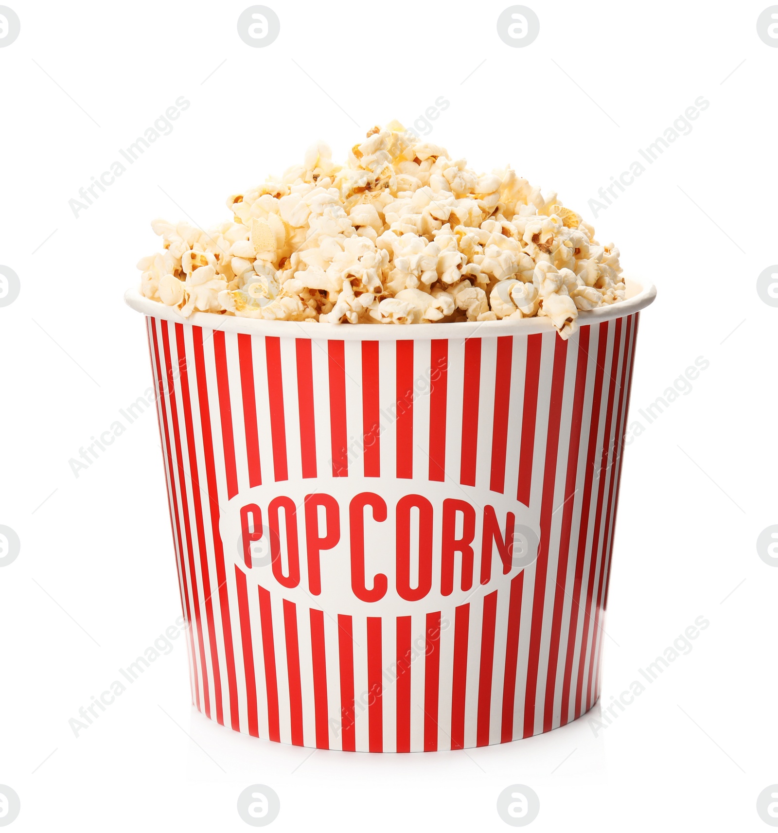 Photo of Paper bucket with of tasty popcorn on white background