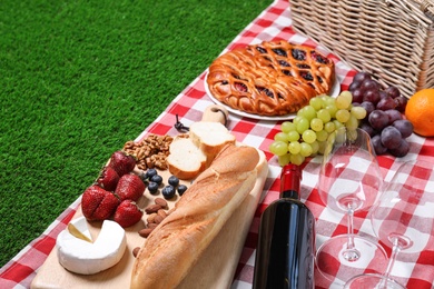 Photo of Many different products on checkered picnic blanket