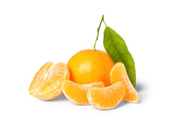 Photo of Fresh ripe juicy tangerines with green leaf isolated on white